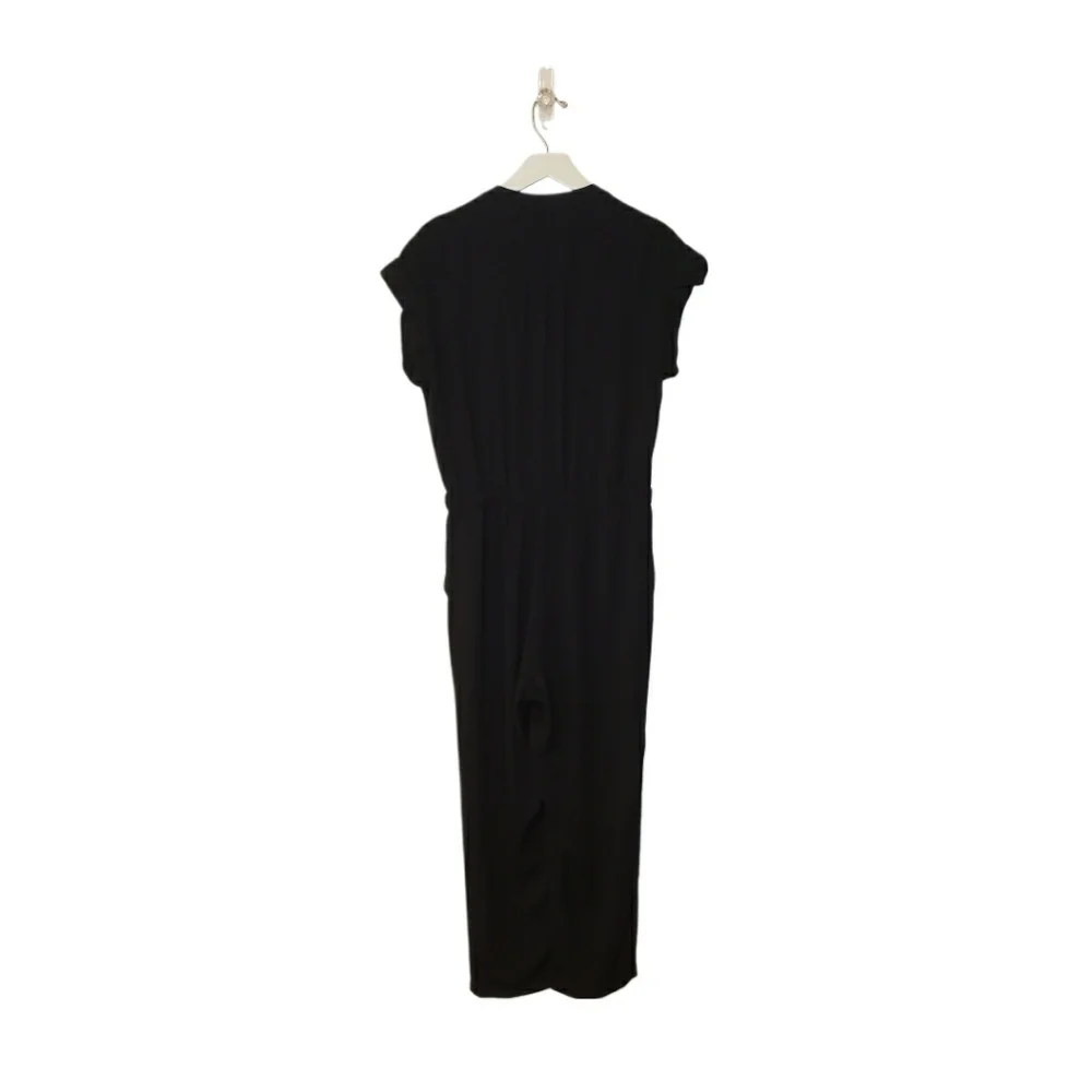 J. Crew Size 8 Black Cuffed Short Sleeve Button Camp-Shirt Jumpsuit with Pockets